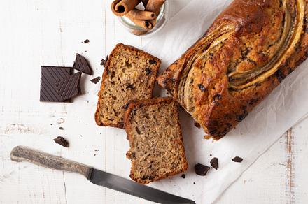 Top view of a delicious banana bread with chocolate chunks