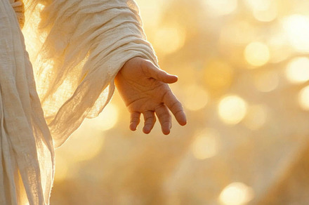 Hand of Jesus reaching out with light in spiritual scene, copy s, a Photo by Dvoevnore photos