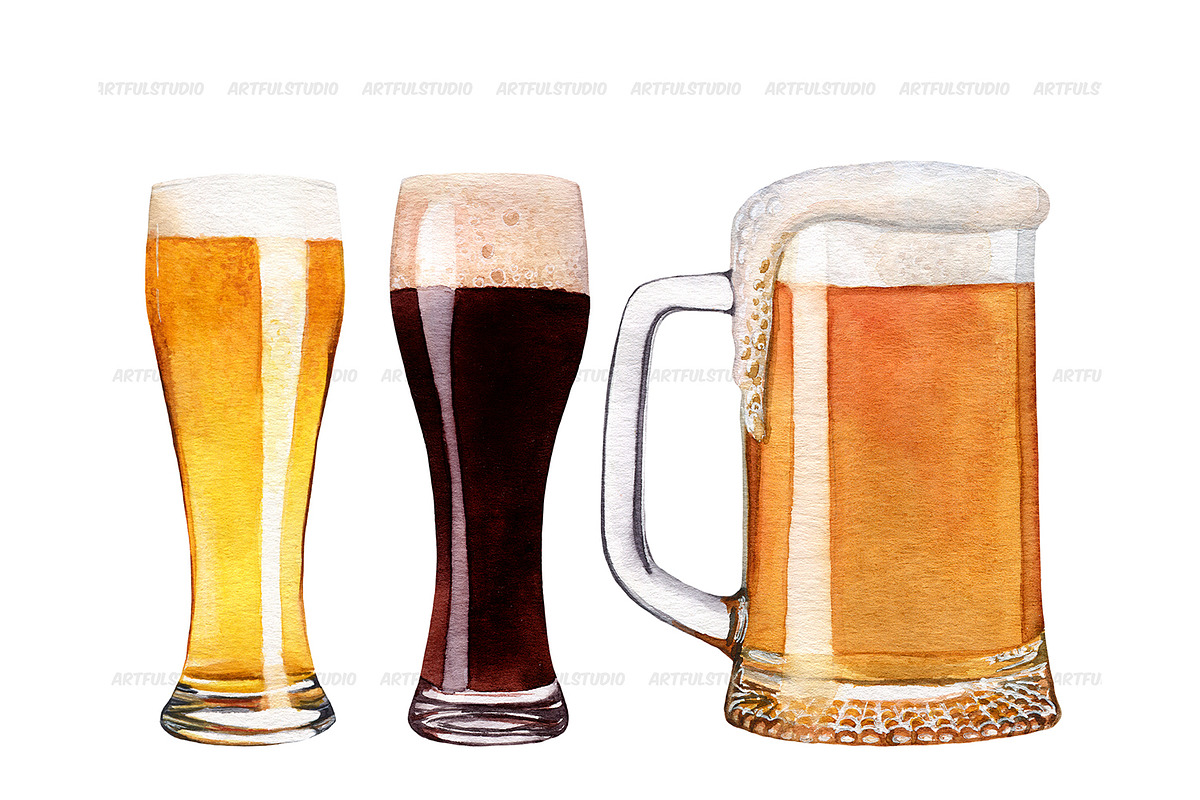 Watercolor beer clipart set, a Food Illustration by ArtfulStudio (Photo 2 of 8)