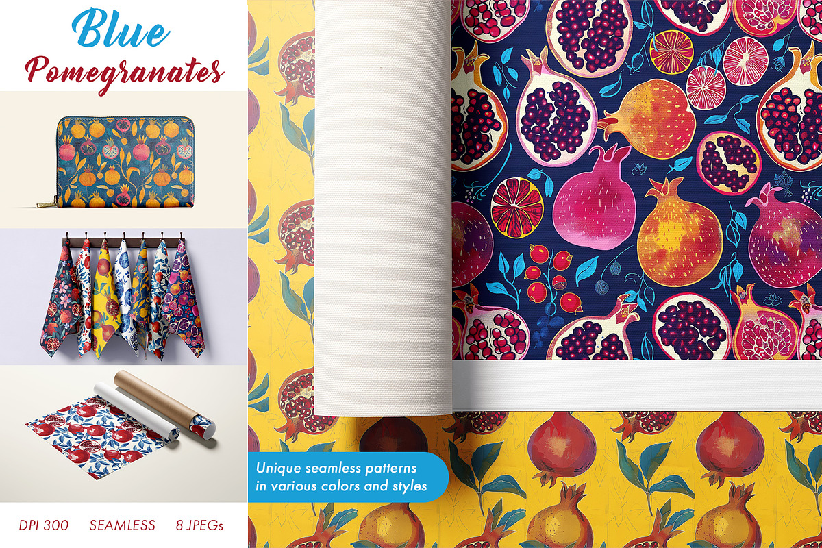 Blue Pomegranates Patterns, a Pattern Graphic by Ninterints (Photo 1 of 19)