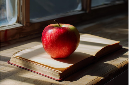 Red apple resting on open book by, a School & Education Photo by Ylivdesign