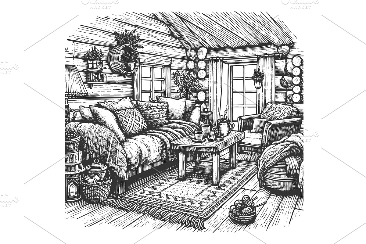 Cozy rustic living room interior, an Object Illustration by AlexArt