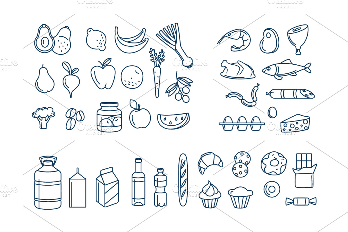 Grocery icons, patterns and borders, a Food Illustration by VasilkovS (Photo 4 of 10)