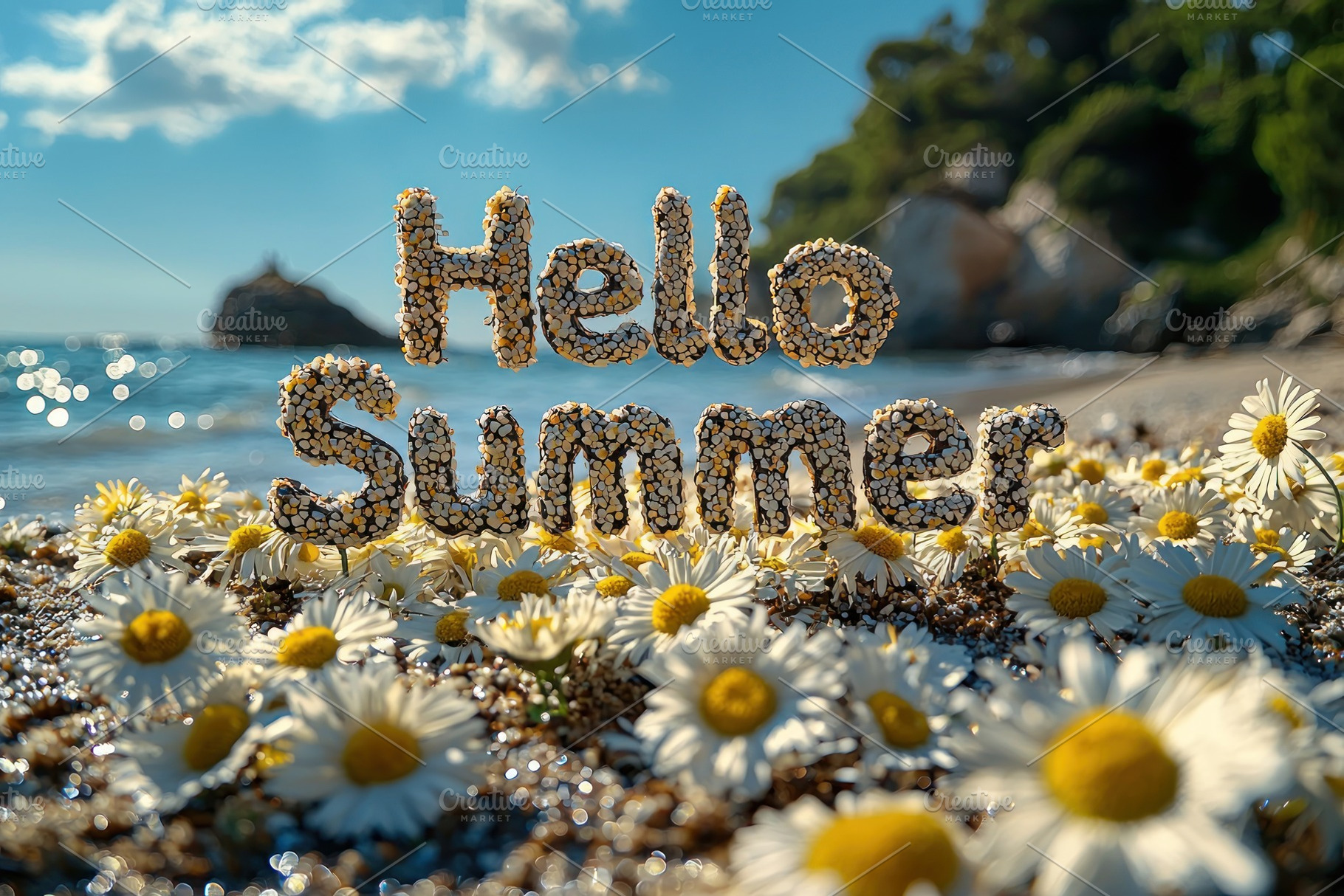 Hello Summer spelled out in daisy-covered letters on a sunny b, a Nature Photo by José Manuel Gelpi
