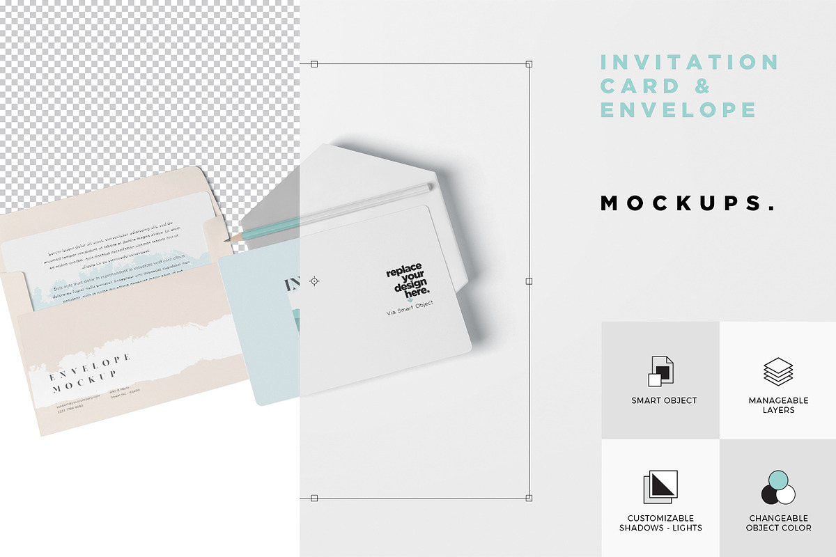 Invitation Card & Envelope Mockups, a Product Mockup by GfxFoundry