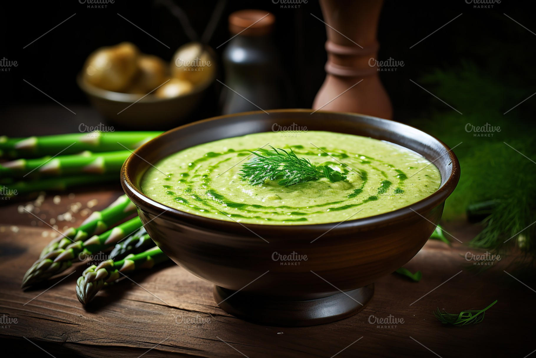 Asparagus cream soup in plate, a Food & Drink Photo by AlyaAnd