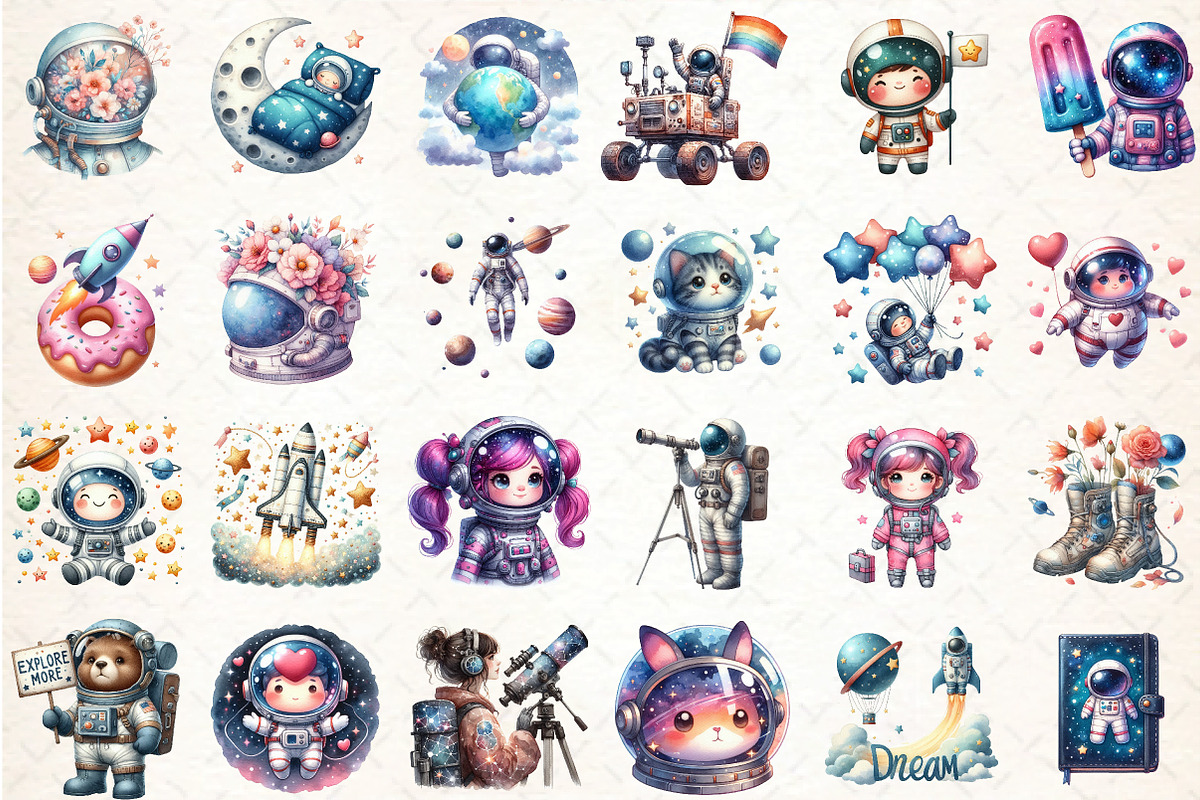 Watercolor Cute Astronaut Clipart, an Illustration by DreamCafeArt (Photo 2 of 7)