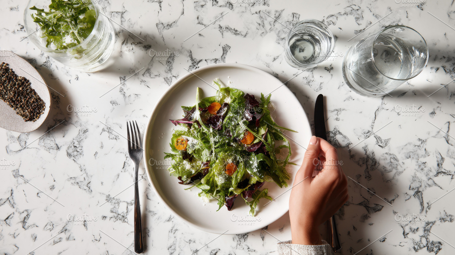 Salad on a marble table, a Photo by Beautiful things