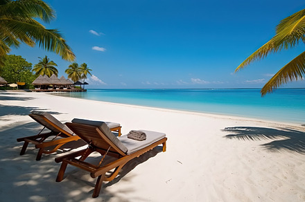 Beautiful tropical beach on Maldives with few palm trees and blu, a Holiday Photo by AS photostudio