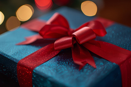 The shiny blue gift box adorned with, a Photo by Tanuart