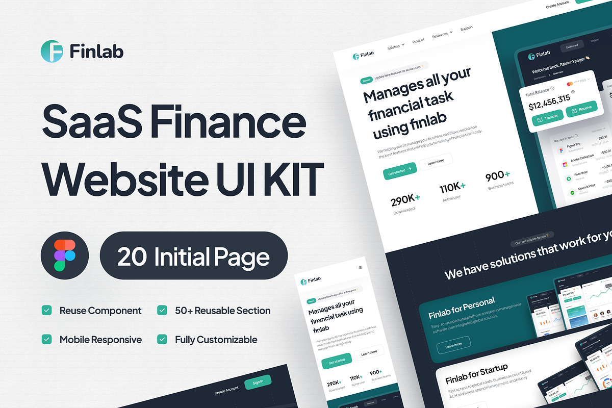 Finlab - SaaS Finance Website UI Kit, an UI Kit Template by pickolabstudio (Photo 1 of 6)