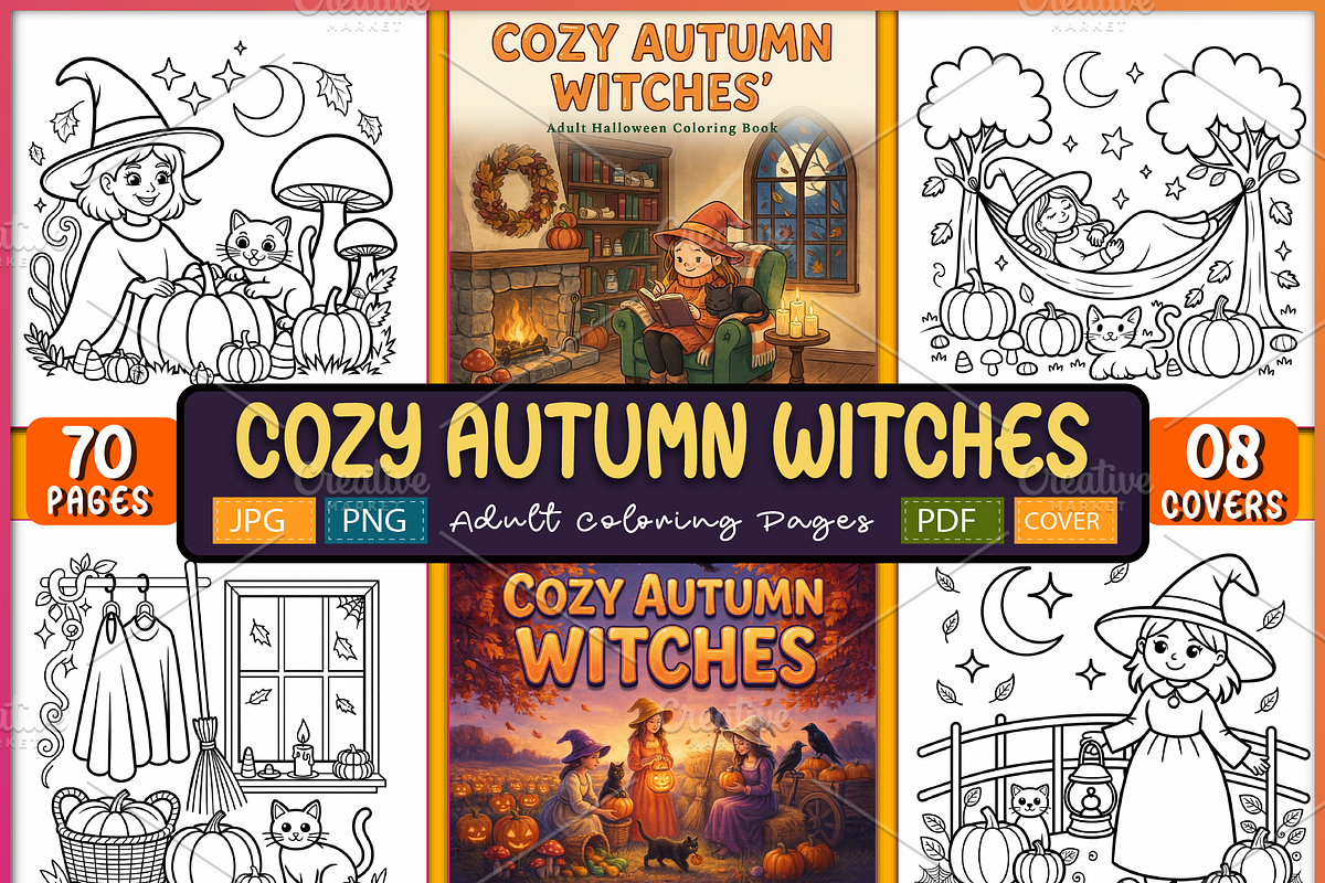 Cozy Autumn Witches Adult Coloring, a Seasonal Illustration by Ink Gallery (Photo 1 of 4)