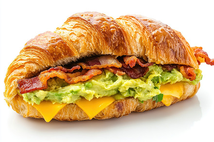 Croissant sandwich with meat, cheese and vegetables on white background, a Food & Drink Photo by AlyaAnd
