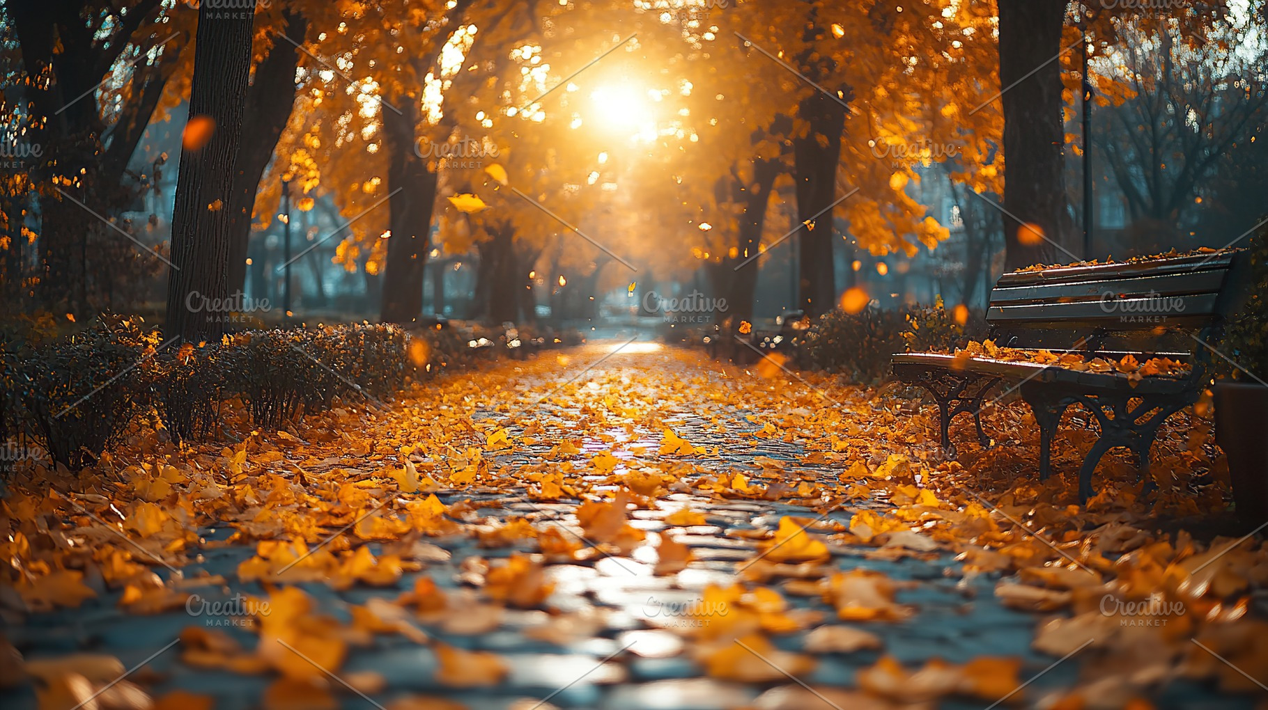 Orange leaves in city park, autumn season with sunrays, a Nature Photo by AlyaAnd