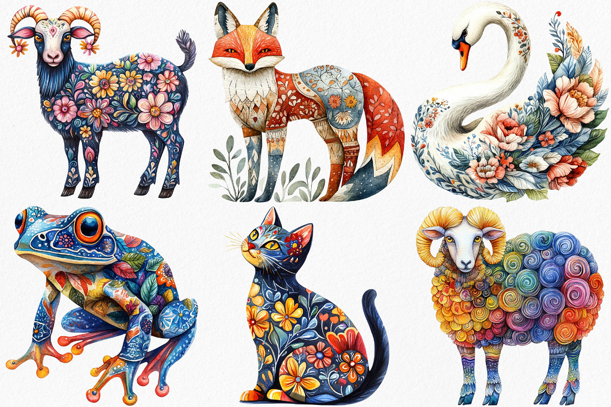 Watercolor Folk Art Animals Clipart, an Illustration by Canvas Craft (Photo 3 of 8)