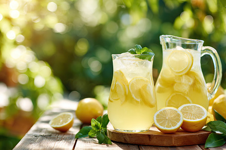 Fresh lemonade served in glass pitchers on wooden table outdoors with vibrant g, a Food & Drink Photo by AlyaAnd