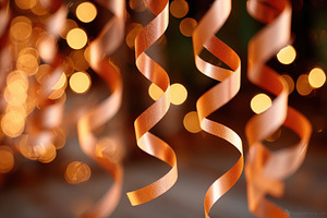 Orange curling ribbons with warm bokeh lights, a Background Photo by AlyaAnd