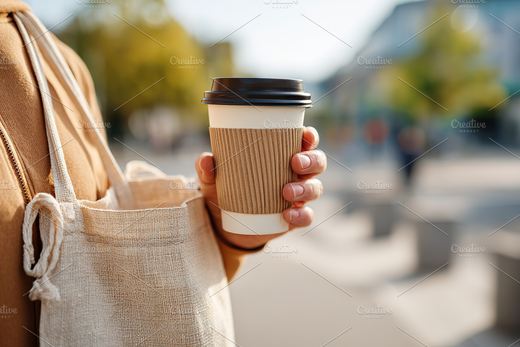 Person holds reusable coffee cup and cloth bag while strolling through the city, a Food & Drink Photo by AlyaAnd