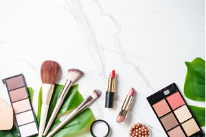 Make up products at white marble, a Beauty & Fashion Photo by Nadia-nb