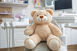 Soft brown bear sitting on dental chair, a Photo by AlyaAnd