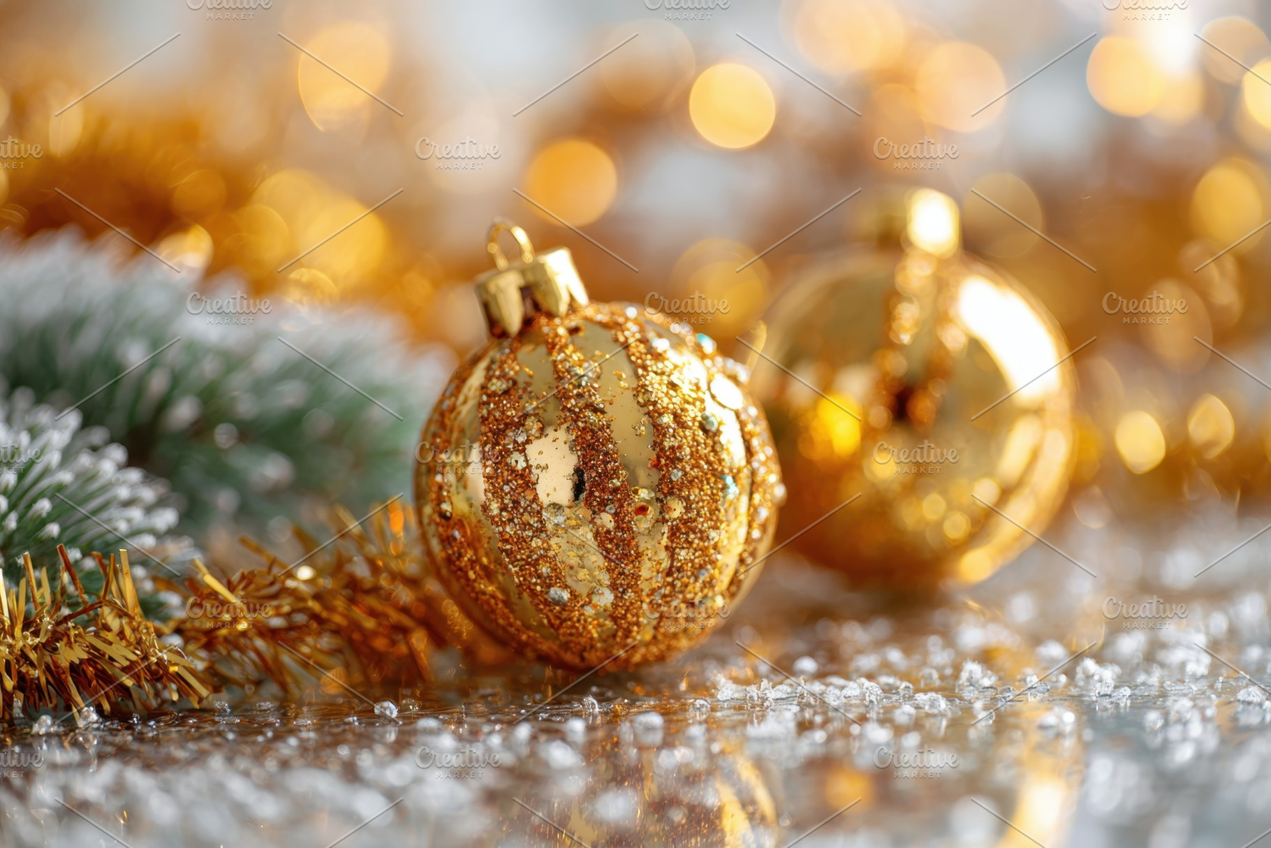 Golden glittery Christmas ornaments on reflective surface, a Holiday Photo by AlyaAnd