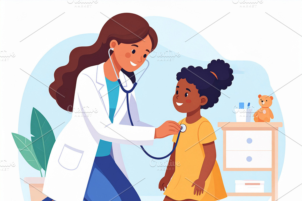Pediatrician checking a smiling child’s heartbeat with a steth, a Healthcare Illustration by DanFLCreativo