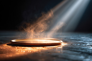 Mysterious circular object emits steam in a dimly lit space with beams of light, a Photo by AlyaAnd