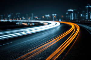 Night City Highway Light Trails Spee, a Photo by Pixeness Studio