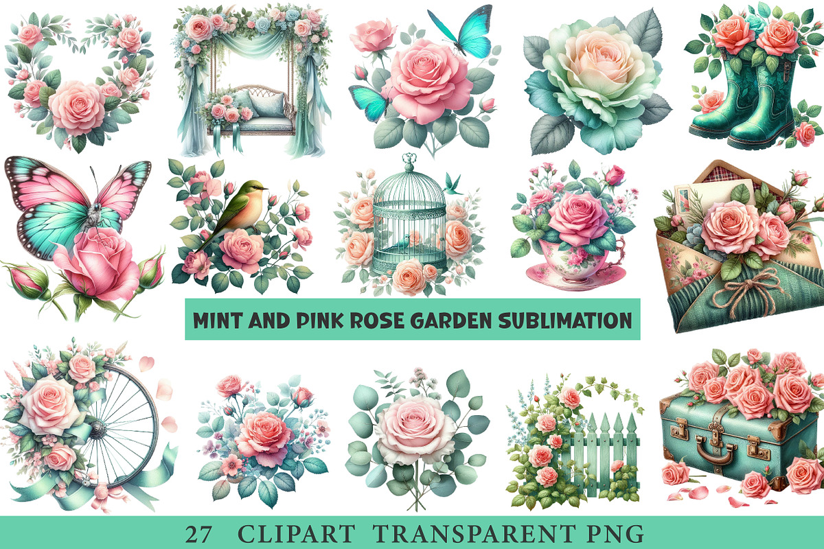 Mint and Pink Rose Garden Png, an Illustration by cherrydesign (Photo 1 of 3)