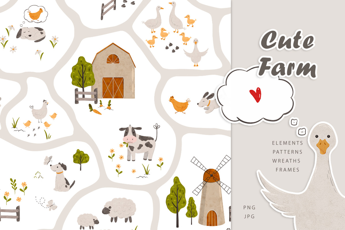 Cute Farm animal clipart and pattern, an Animal Illustration by Daryartsy (Photo 1 of 9)