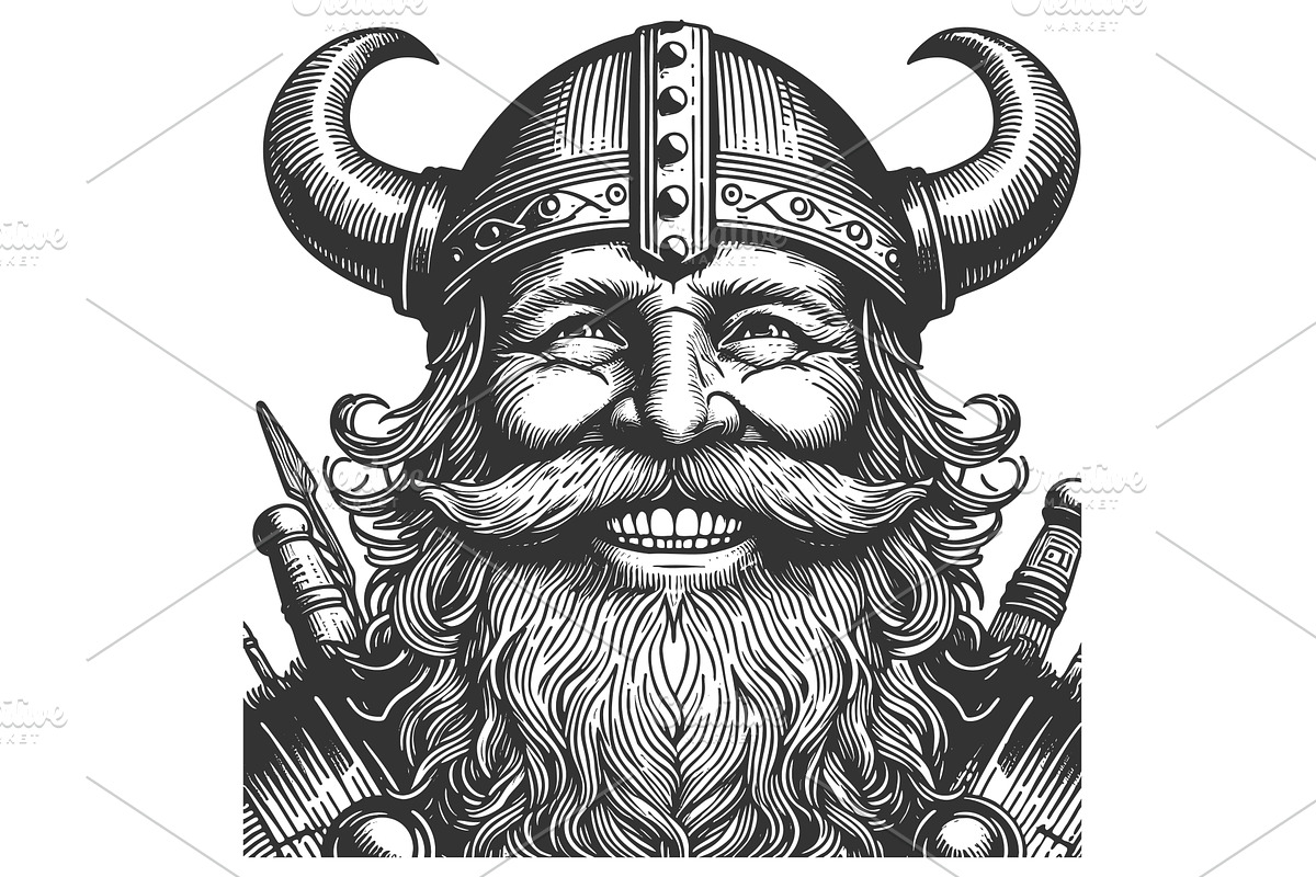 Smiling Viking Warrior engraving, a Person Illustration by AlexArt