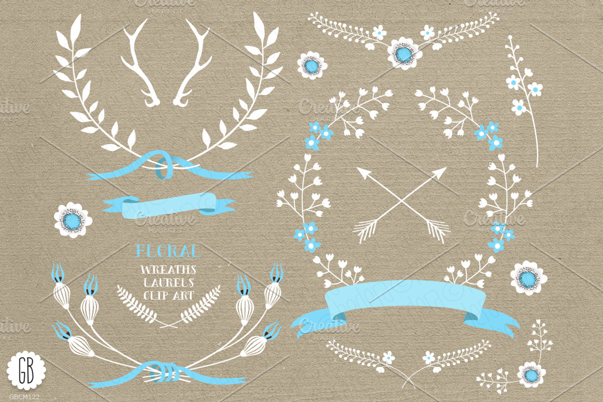 Floral wreaths laurels ribbons blue, an Illustration by GrafikBoutique (Photo 1 of 3)