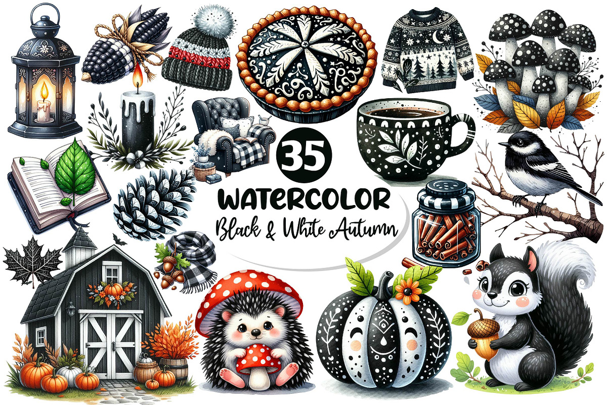 Black & White Autumn Clipart, an Illustration by Dream Creation (Photo 1 of 4)
