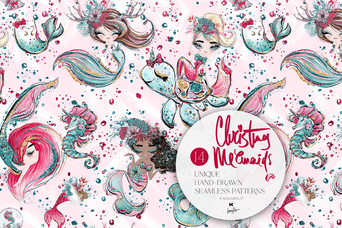 Christmas Mermaids Seamless Patterns, a Pattern Graphic by KaramfilaS (Photo 18 of 19)