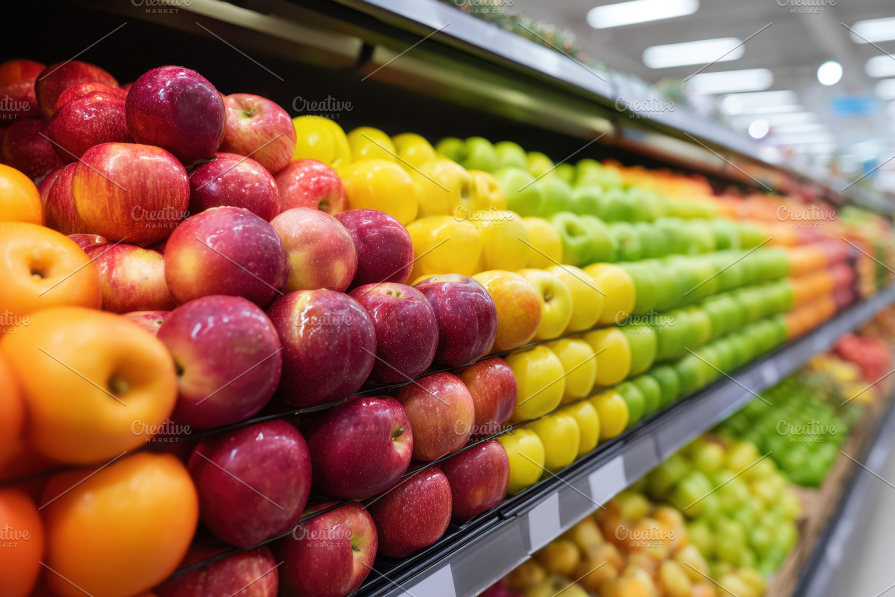 Colorful fresh fruits display in supermarket, a Food & Drink Photo by AlyaAnd
