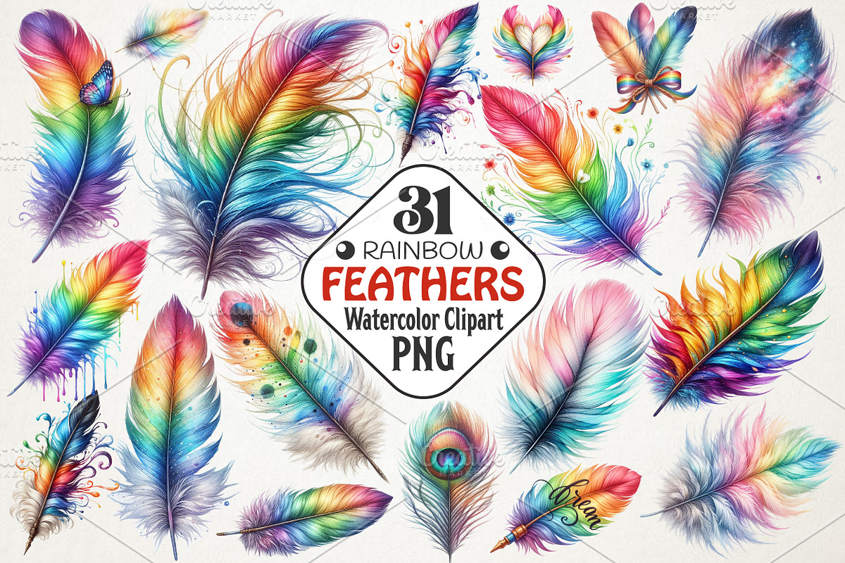 Rainbow Watercolor Feathers Clipart, an Illustration by RobertsArt (Photo 1 of 7)