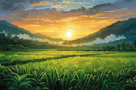 A vibrant painting of a sunset with, a Photo by LOGOCREATIVE