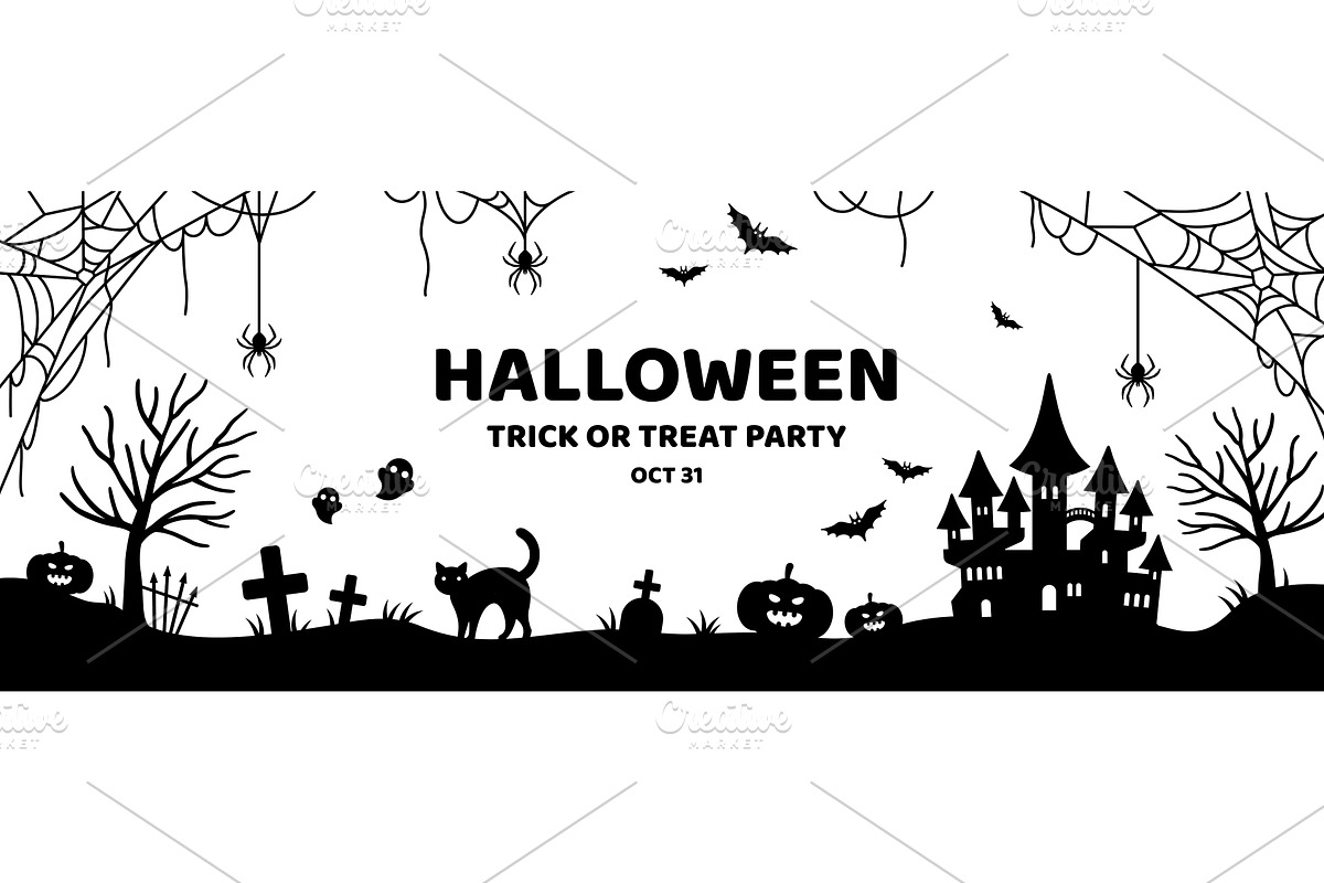 Halloween black banner castle, an Illustration by kotoffei