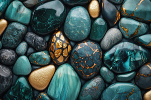 Teal and Gold Polished Stones Natura, an Abstract Photo by Pixeness Studio