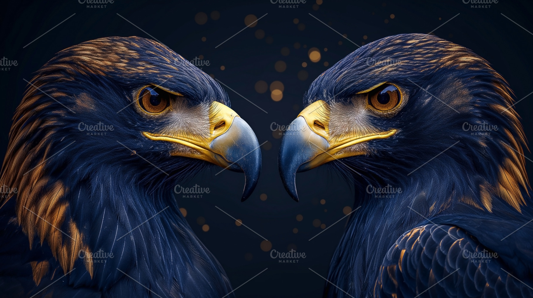 Two majestic golden eagles face each other, showcasing their piercing eyes and, an Animal Photo by ImageMir
