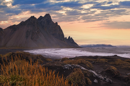 Sunrise Stokksnes cape sea beach and Vestrahorn Mountain, Icelan, a Nature Photo by YuriyB