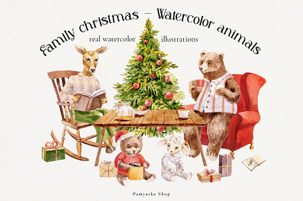 Family Christmas -Watercolor animals