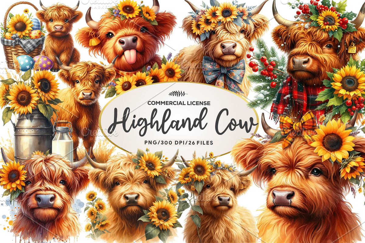 Watercolor Sunflower Highland Cow, an Illustration by CreationArt (Photo 1 of 5)