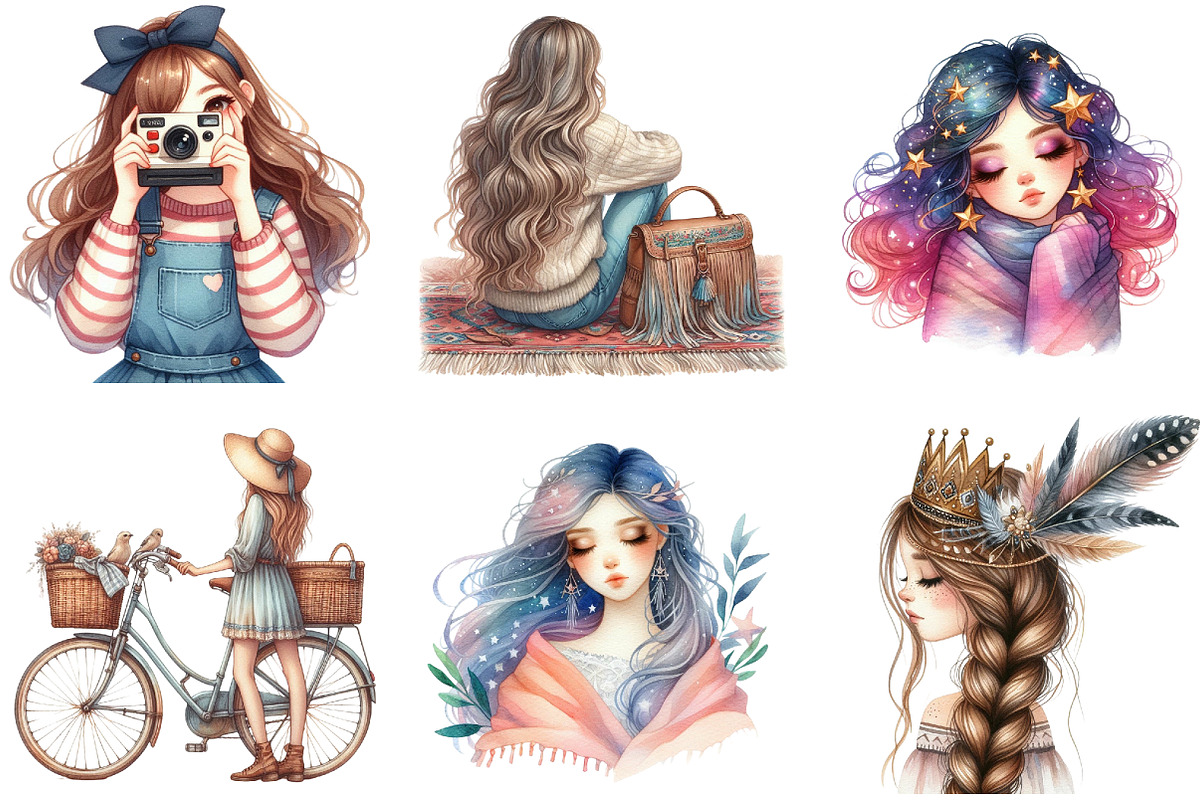 Watercolor Boho Girls Clipart, an Illustration by DreamArtGraphic (Photo 2 of 5)