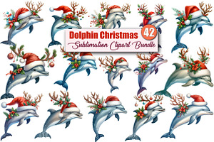 Watercolor Dolphin Christmas Clipart, a Graphic by CitraGraphics