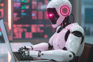 Humanoid robot working on laptop with glowing pink lights, a Technology Photo by GoodGoods