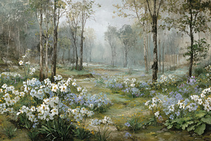 Misty Spring Forest Wallpaper, a Decorative Illustration by Virgo Studio