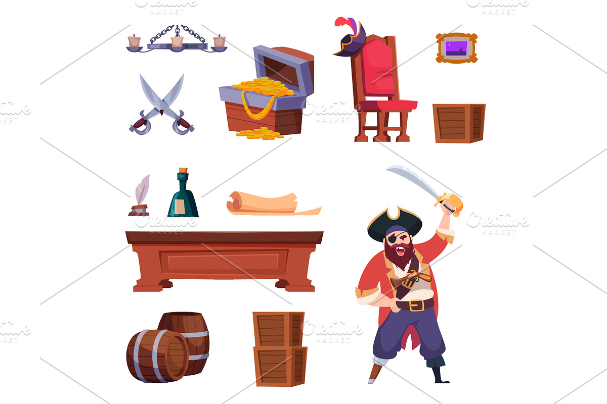 Pirates set. Table, chair, weapons, an Object Illustration by Onyx