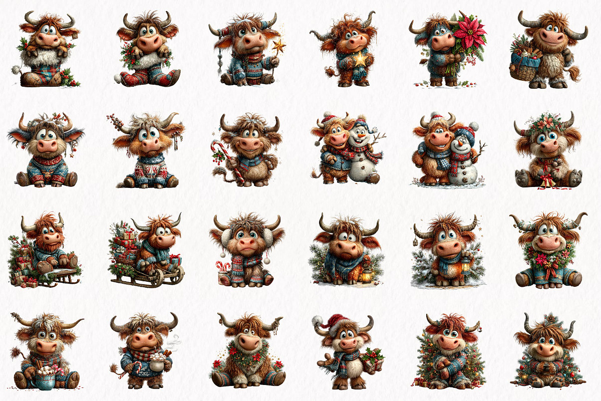 Christmas Highland Cow Clipart, a Seasonal Illustration by fashionaddict (Photo 4 of 7)