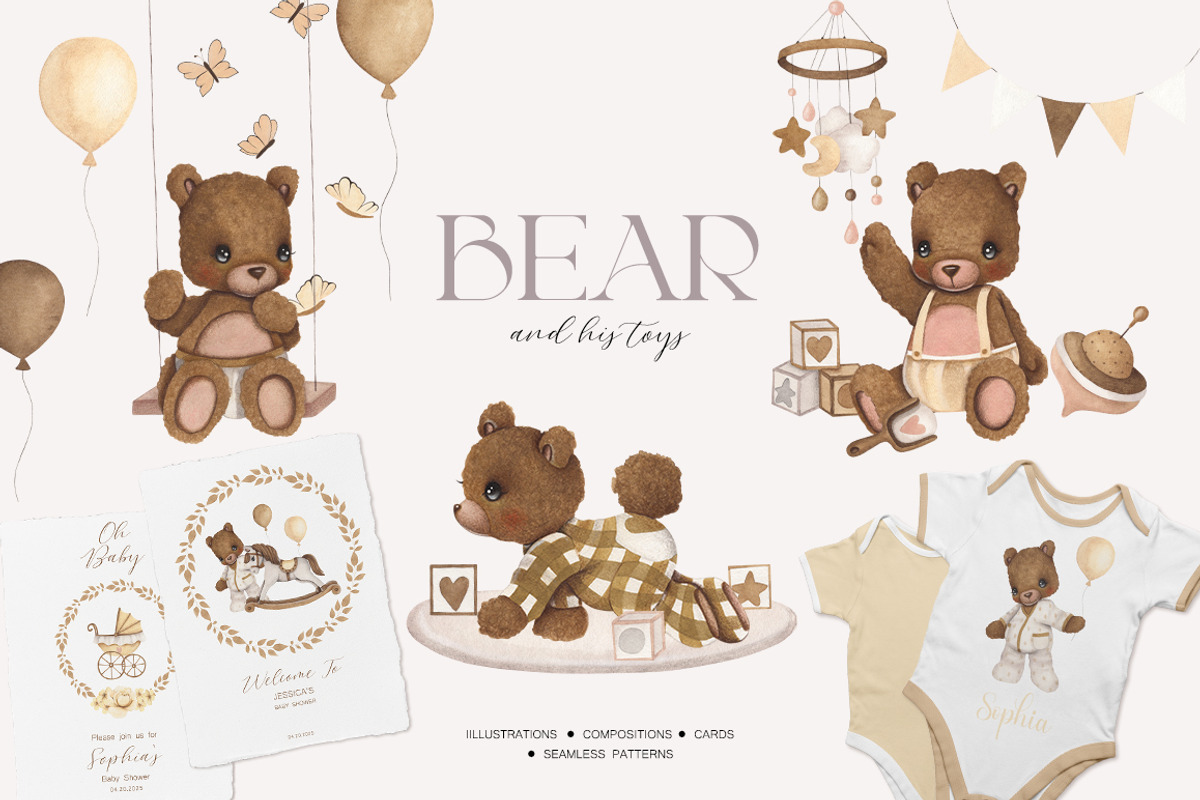Bear and His Toys Animals Watercolor, an Animal Illustration by ViktoriyaD (Photo 1 of 9)
